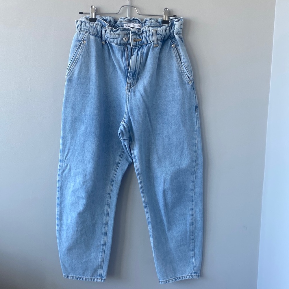 Zara Light Wash Paper-bag Jeans Straight Leg 6